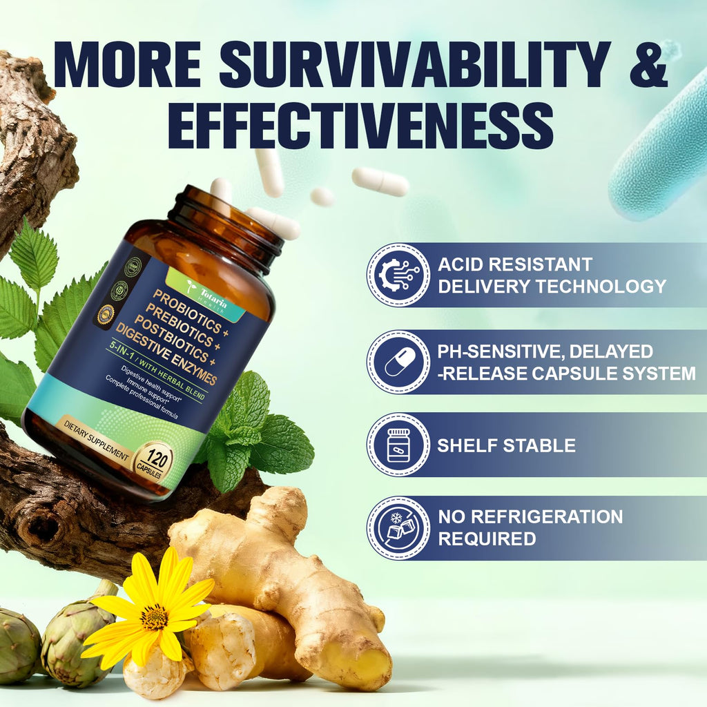 Totaria 5-in-1 60 Billion CFU Probiotic Prebiotic & Postbiotic for Women & Men, w/Digestive Enzymes, Slippery Elm, Daily Complete Gut Health, - FENGGESTORE20