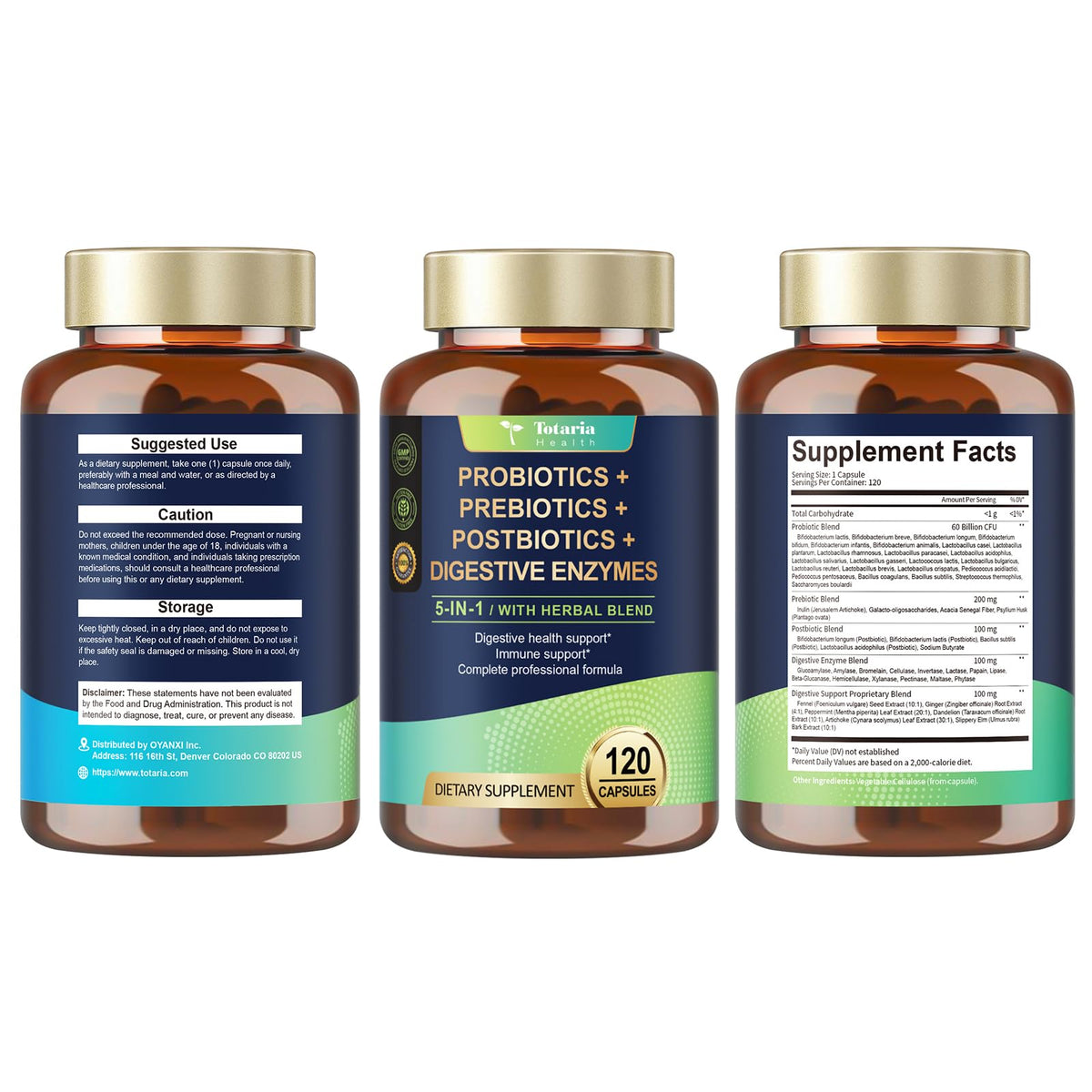 Totaria 5-in-1 60 Billion CFU Probiotic Prebiotic & Postbiotic for Women & Men, w/Digestive Enzymes, Slippery Elm, Daily Complete Gut Health, - FENGGESTORE20