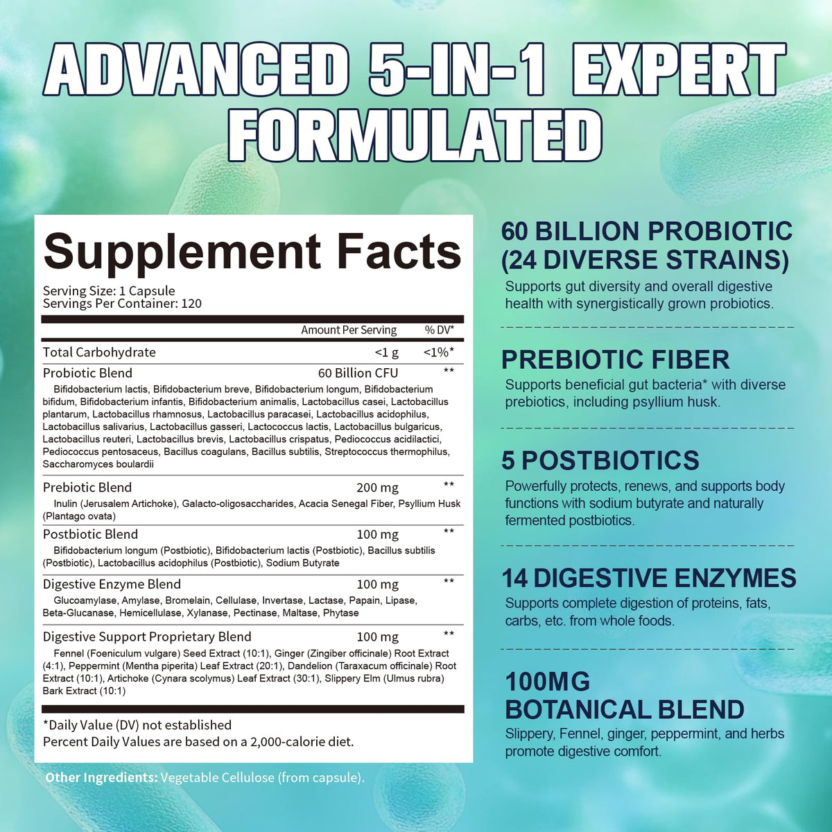 Totaria 5-in-1 60 Billion CFU Probiotic Prebiotic & Postbiotic for Women & Men, w/Digestive Enzymes, Slippery Elm, Daily Complete Gut Health, - FENGGESTORE20