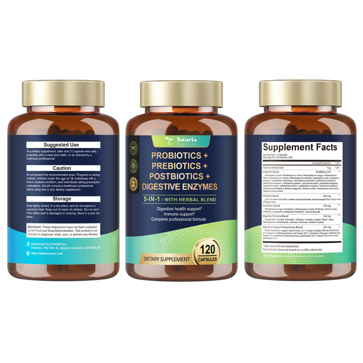 Totaria 5-in-1 Probiotic Prebiotic & Postbiotic for Women Men, 60 Billion CFU 24 Strains w/Digestive Enzymes, Prebiotic Fiber, Slippery Elm - FENGGESTORE20