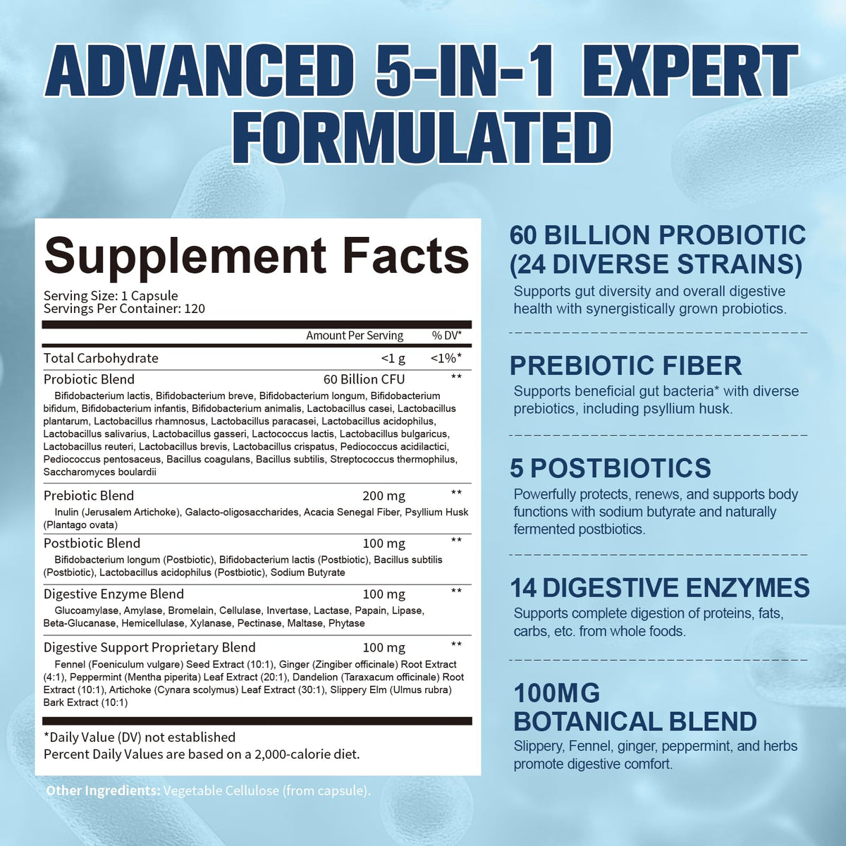 Totaria 5-in-1 Probiotic Prebiotic & Postbiotic for Women Men, 60 Billion CFU 24 Strains w/Digestive Enzymes, Prebiotic Fiber, Slippery Elm - FENGGESTORE20