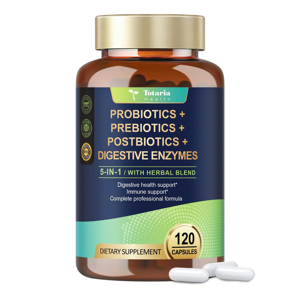 Totaria 5-in-1 Probiotic Prebiotic & Postbiotic for Women Men, 60 Billion CFU 24 Strains w/Digestive Enzymes, Prebiotic Fiber, Slippery Elm - FENGGESTORE20