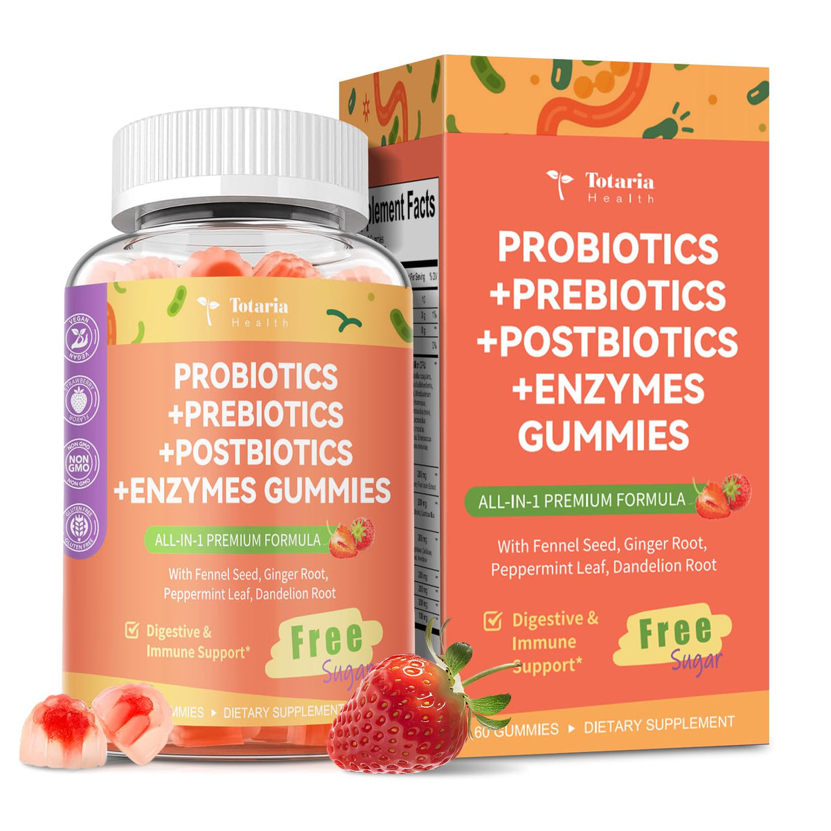 Totaria Sugar Free 5-in-1 Probiotic Prebiotic Postbiotic Gummy, 36 Strains Probiotics for Women Men with Digestive Enzymes, Peppermint, Complete Immune, - FENGGESTORE20