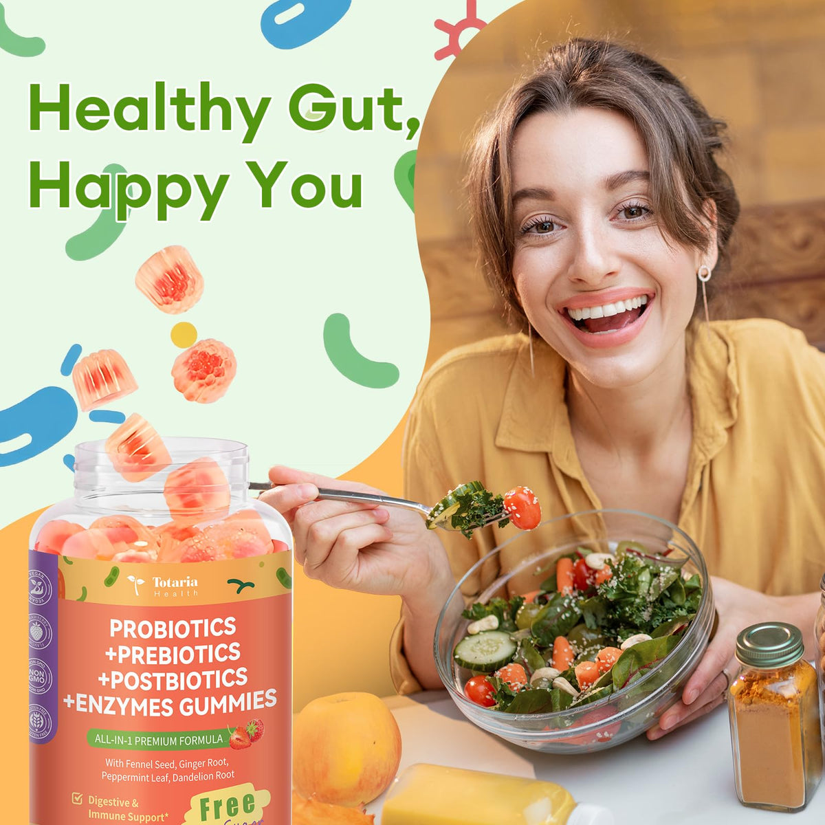 Totaria Sugar Free 5-in-1 Probiotic Prebiotic Postbiotic Gummy, 36 Strains Probiotics for Women Men with Digestive Enzymes, Peppermint, Complete Immune, - FENGGESTORE20
