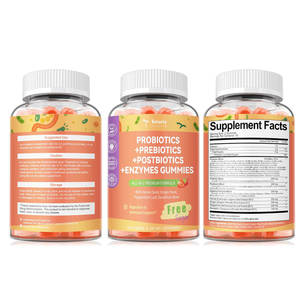 Totaria Sugar Free 5-in-1 Probiotic Prebiotic Postbiotic Gummy, 36 Strains Probiotics for Women Men with Digestive Enzymes, Peppermint, Complete Immune, - FENGGESTORE20