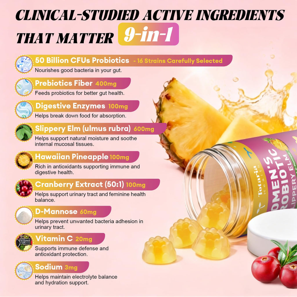 Totaria Sugar Free Probiotics for Women, Feminine Balance Gummies, 50 Billion CFU Vaginal Probiotic Prebiotic w/Slippery Elm, Cranberry, for Vaginal, Urinary Tract - FENGGESTORE20
