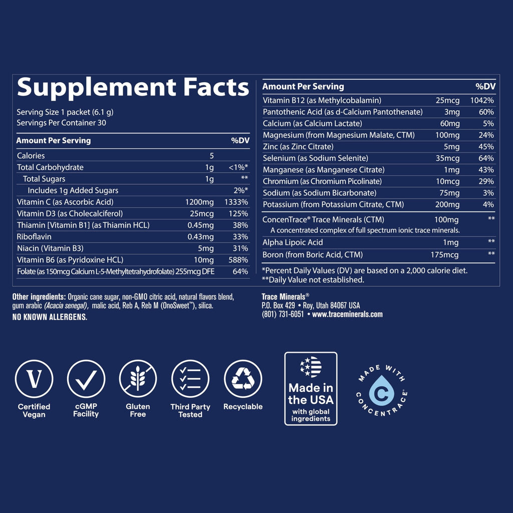 Trace Minerals Power Pak Multivitamin and Multimineral Packets - Electrolyte Support - 1200 mg Vitamin C plus 70+ Trace Minerals - Lemon Lime Flavor - 30 Packets - FENGGESTORE20