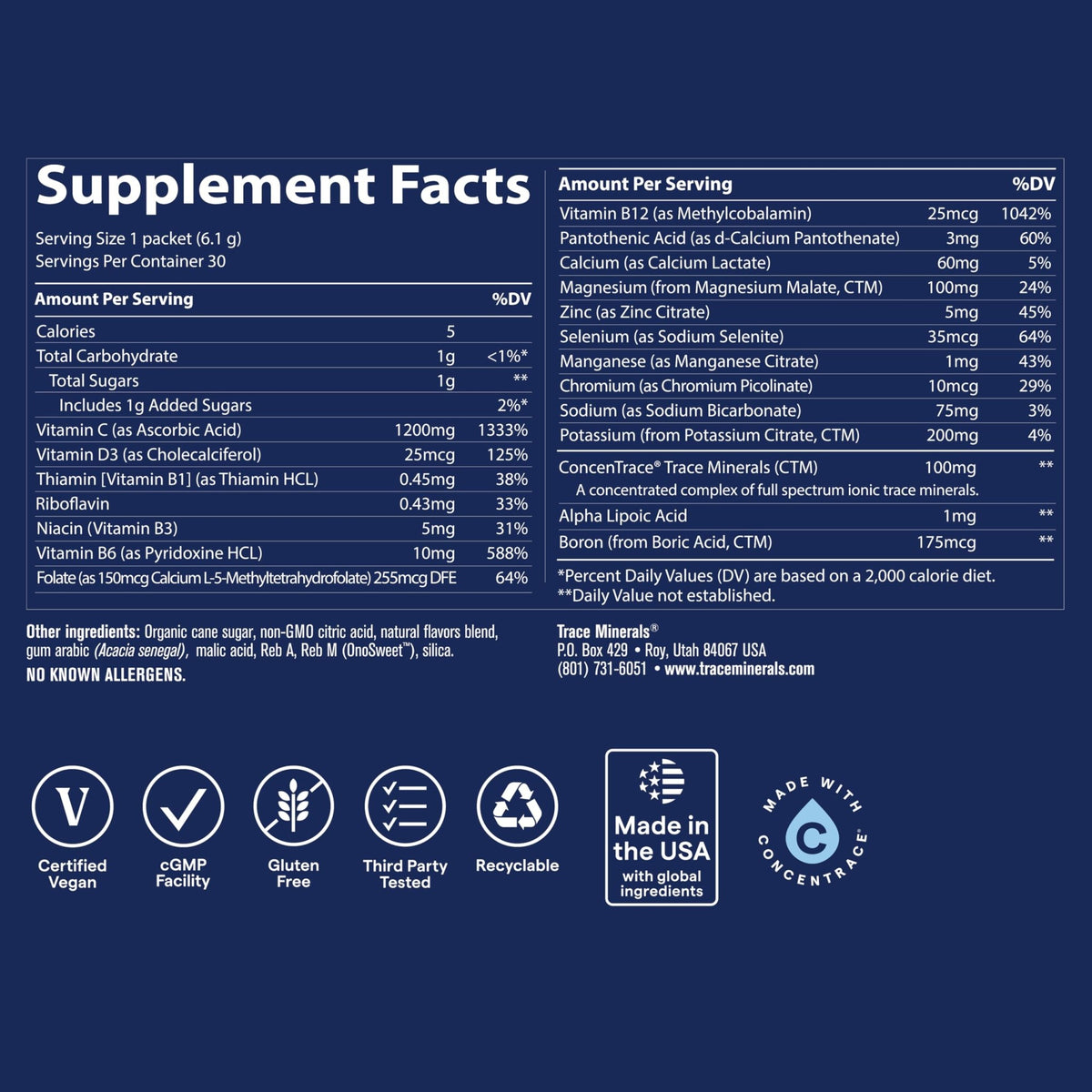 Trace Minerals Power Pak Multivitamin and Multimineral Packets - Electrolyte Support - 1200 mg Vitamin C plus 70+ Trace Minerals - Lemon Lime Flavor - 30 Packets - FENGGESTORE20