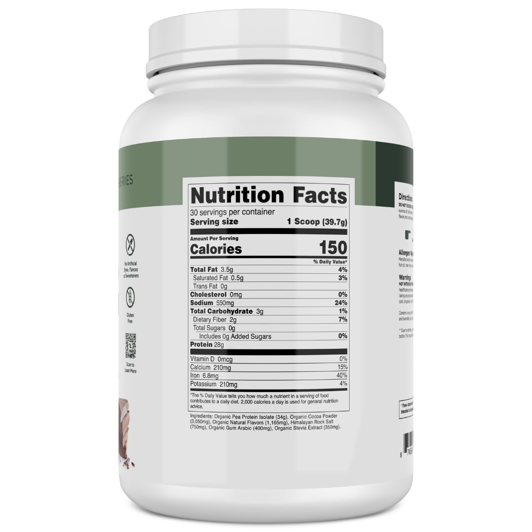 Transparent Labs 100% Pea Protein Powder - 28g Organic Plant Protein per Serving, Clean Pea Isolate Powder, USDA Organic, Vegan, Gluten-Free, Sugar-Free, Non-GMO - 30 Servings, Chocolate - FENGGESTORE20