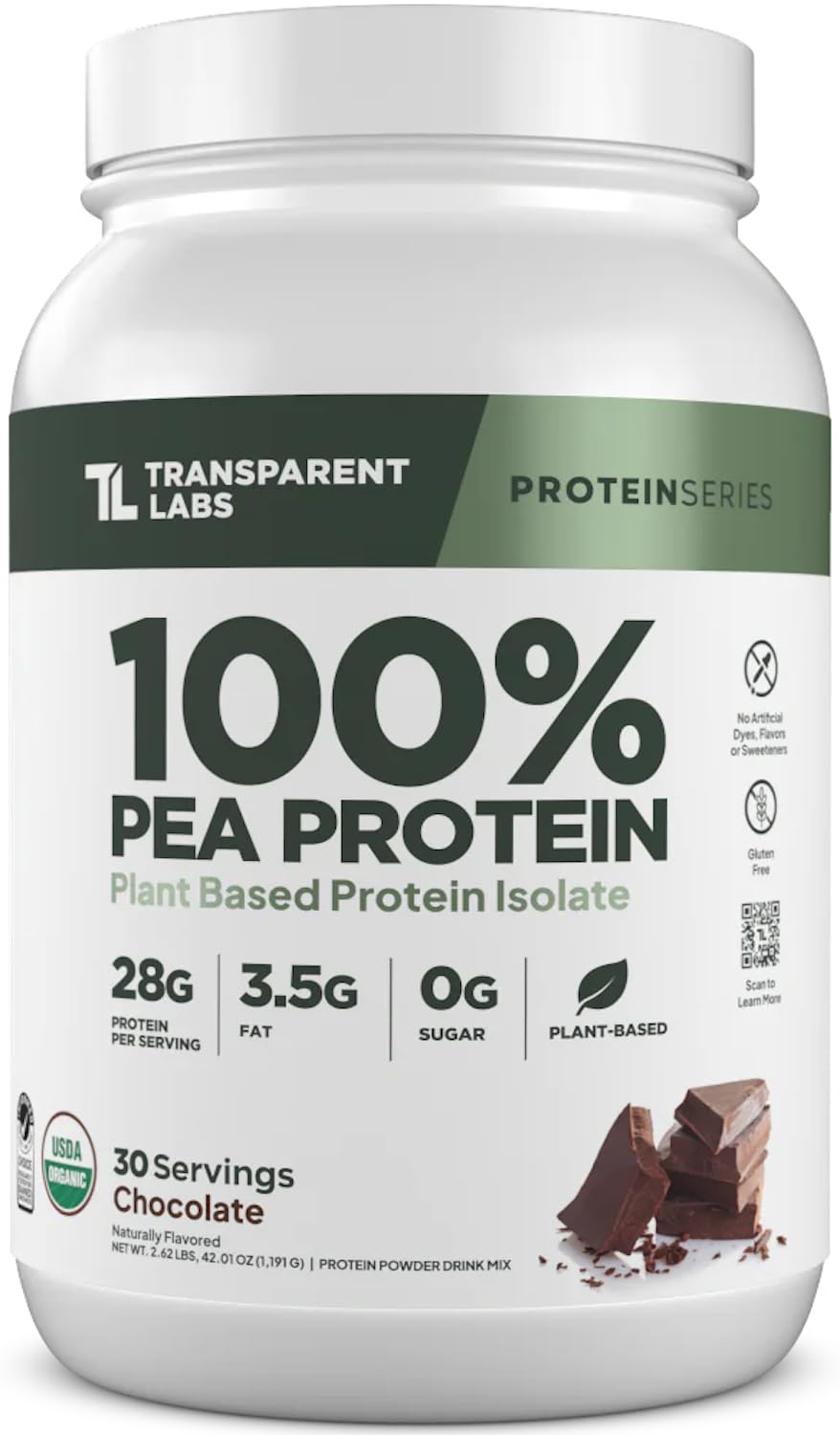Transparent Labs 100% Pea Protein Powder - 28g Organic Plant Protein per Serving, Clean Pea Isolate Powder, USDA Organic, Vegan, Gluten-Free, Sugar-Free, Non-GMO - 30 Servings, Chocolate - FENGGESTORE20