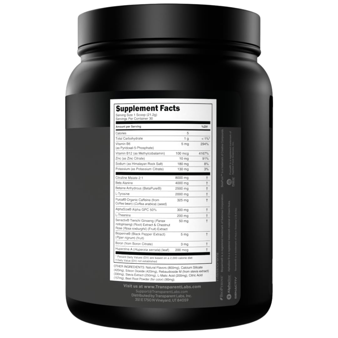 Transparent Labs Bulk Black Pre Workout - Clinically Dosed, Sugar Free Preworkout for Men and Women with Beta Alanine Powder, Citrulline Malate - FENGGESTORE20