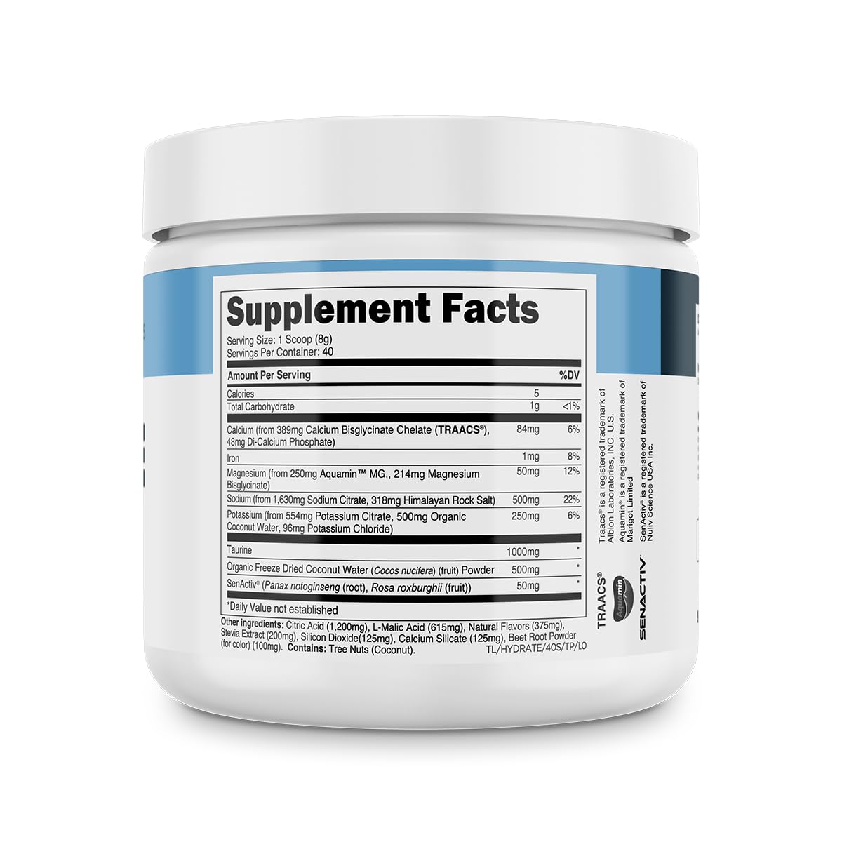 Transparent Labs Hydrate Naturally Sweetened Electrolytes Powder - Hydration Powder Electrolytes with Coconut Water, Calcium, Taurine, & Potassium - FENGGESTORE20
