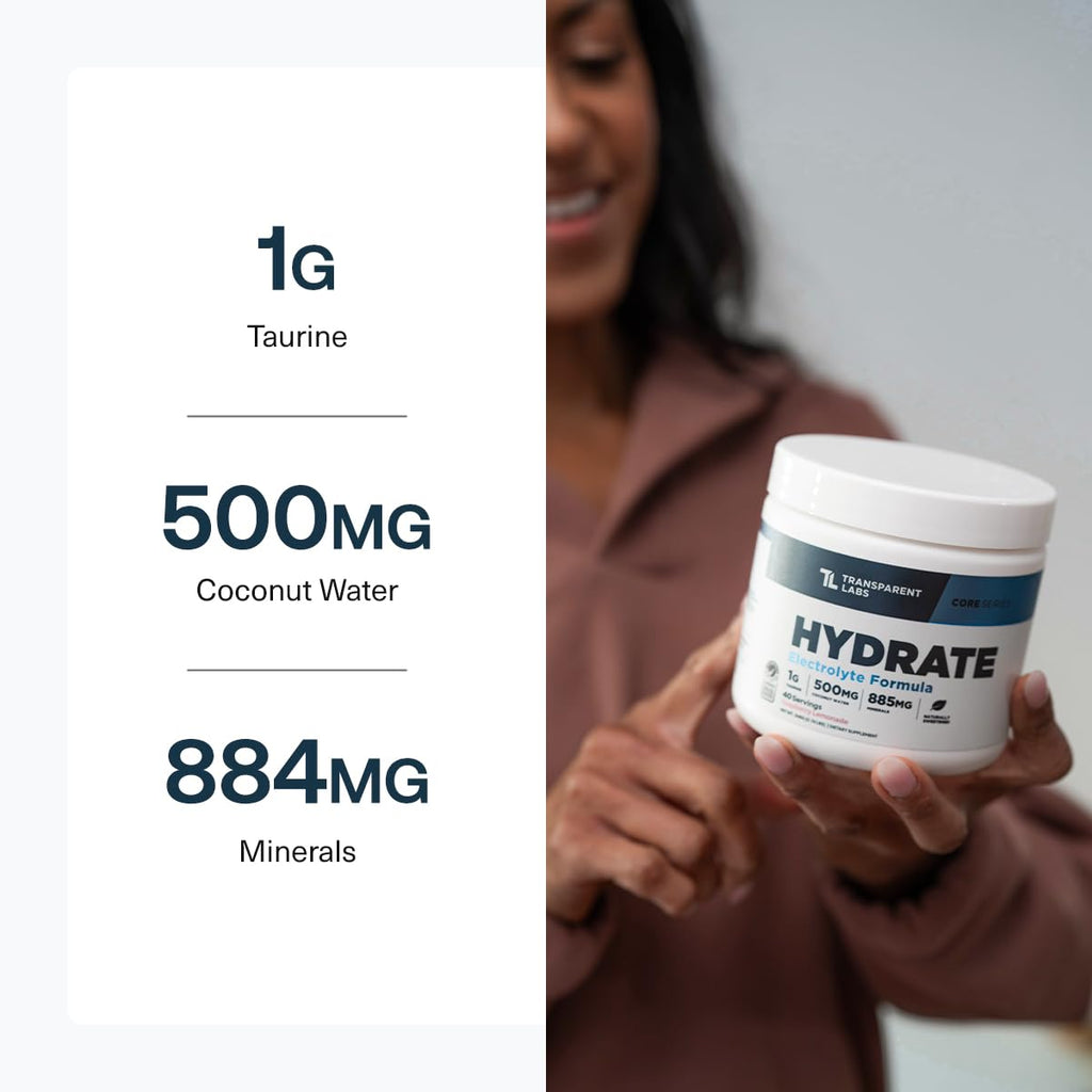 Transparent Labs Hydrate Naturally Sweetened Electrolytes Powder - Hydration Powder Electrolytes with Coconut Water, Calcium, Taurine, & Potassium - FENGGESTORE20