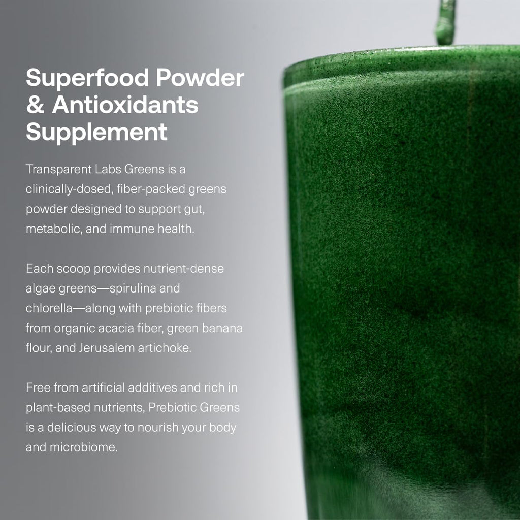 Transparent Labs Prebiotic Greens - Superfood Powder & Antioxidants Supplement with Organic Spirulina, Chloerra, Acacia, & Green Banana Powder - 30 Servings, Unflavored - FENGGESTORE20