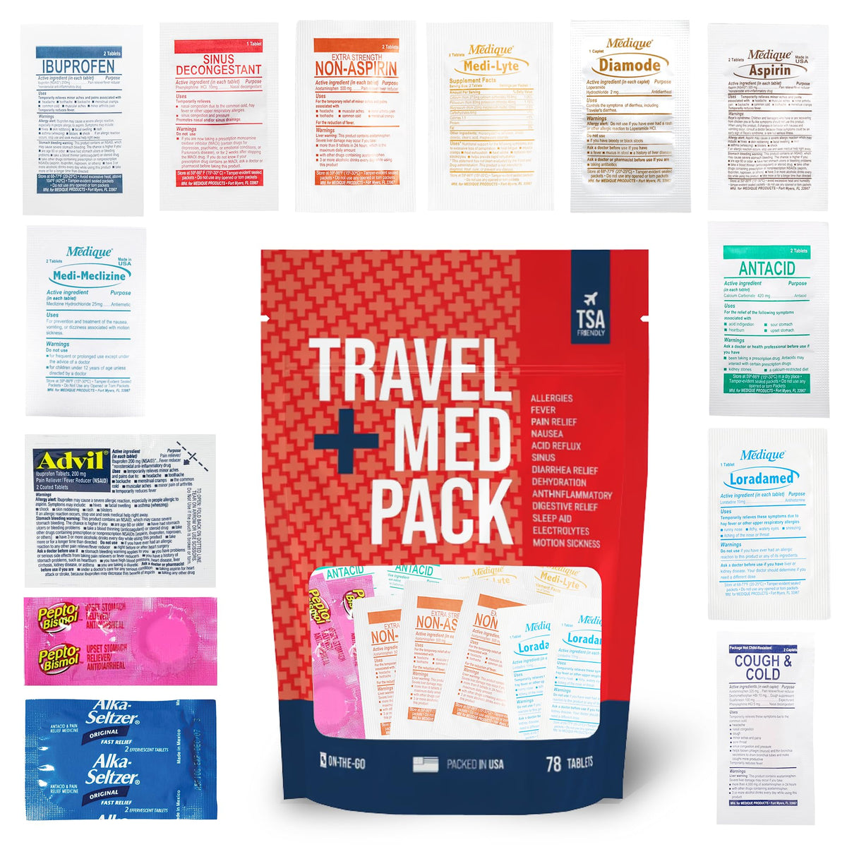 Travel Medicine Kit - 78-Piece TSA-Friendly Med Pack for Flights, Cruises & International Travel | Individually Wrapped Medication Essentials for Any Occasion - FENGGESTORE20
