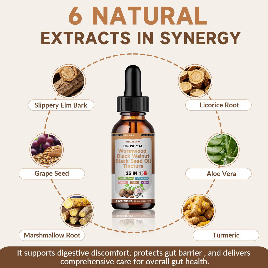 Trawecual Black Walnut Wormwood Black Seed Oil Cleanse Tincture, 23-in-1 Gentle Gut Detox & Digestive Health Support with Clove, Pumpkin Seed - FENGGESTORE20