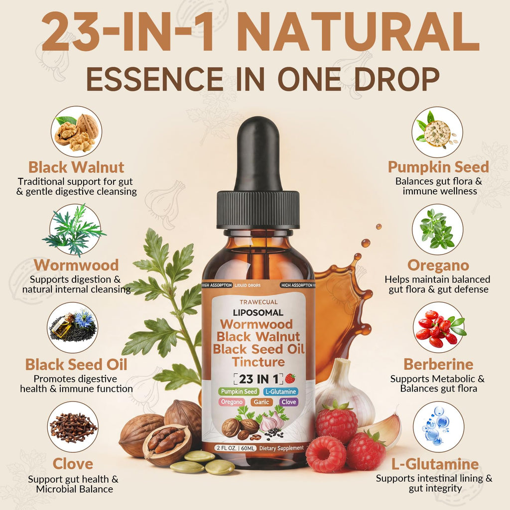 Trawecual Black Walnut Wormwood Black Seed Oil Cleanse Tincture, 23-in-1 Gentle Gut Detox & Digestive Health Support with Clove, Pumpkin Seed - FENGGESTORE20
