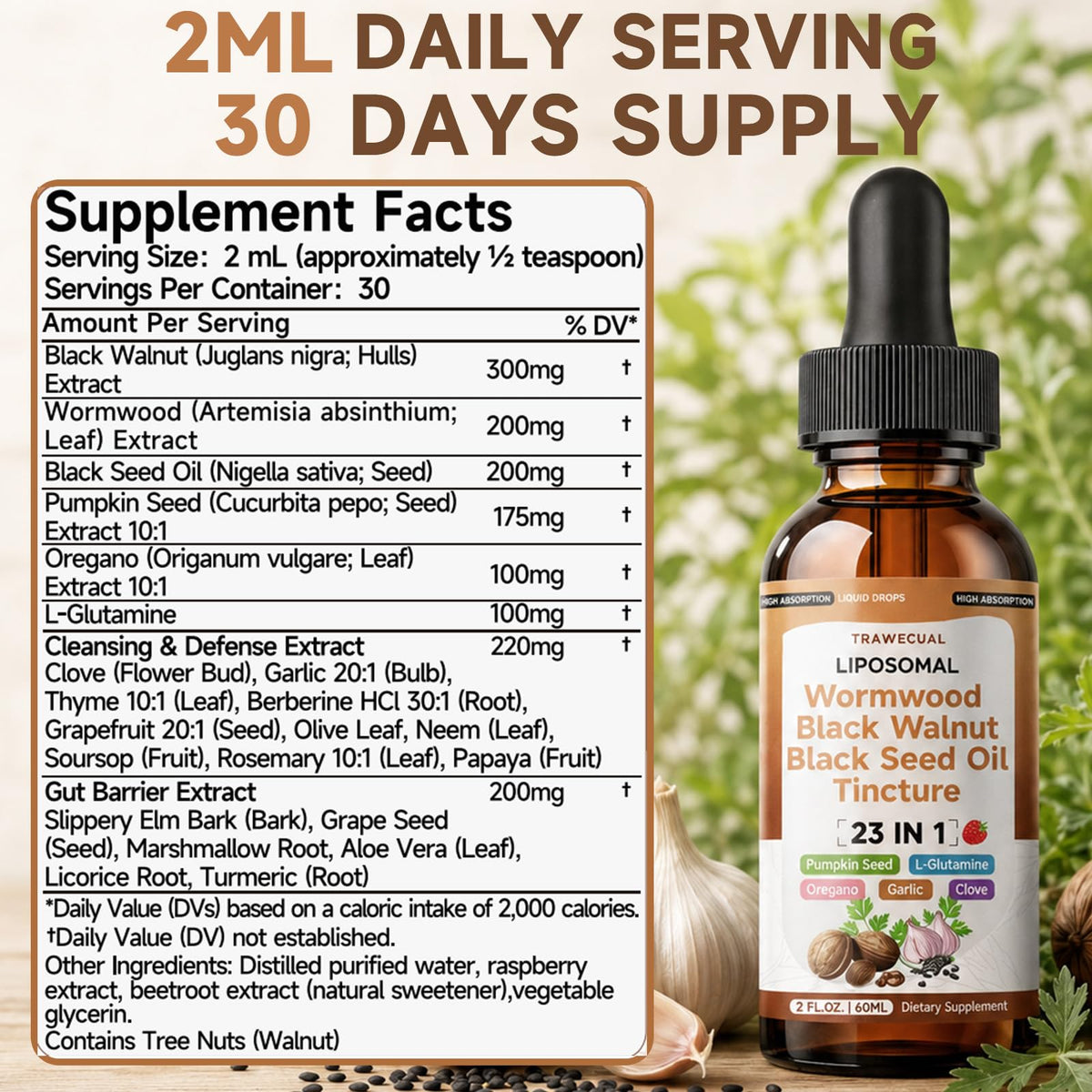 Trawecual Black Walnut Wormwood Black Seed Oil Cleanse Tincture, 23-in-1 Gentle Gut Detox & Digestive Health Support with Clove, Pumpkin Seed - FENGGESTORE20