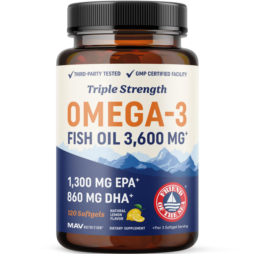 Triple Strength DHA Omega 3 Fish Oil 3600 mg | Over 2100mg Omega-3 Fatty Acids with 860mg of DHA | 1300mg EPA | Best Essential Fatty Acids | Premium Wild Caught & Burpless Fish Oil | 120 ct. - FENGGESTORE20
