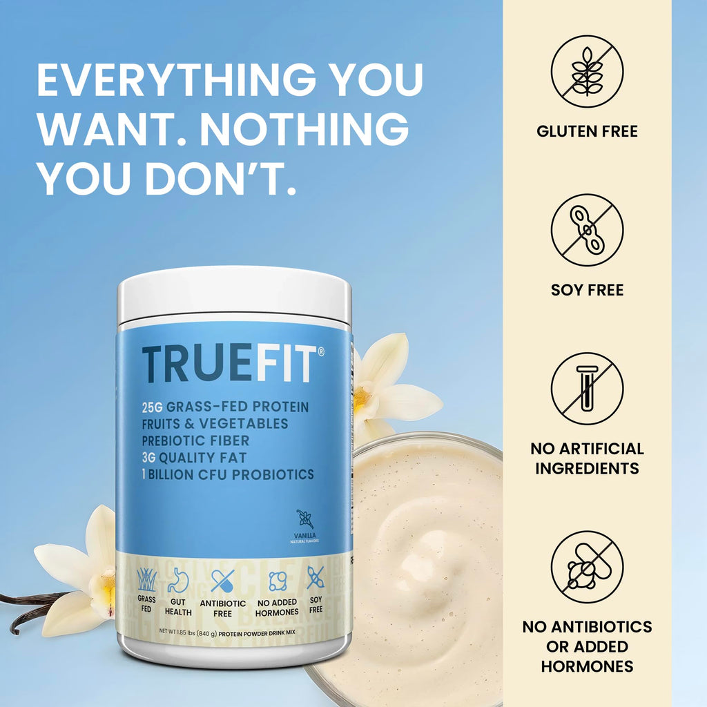 TrueFit High Fiber Protein Powder, Grass-Fed Whey Meal Replacement Shake with Prebiotics, Probiotics, & Organic Superfoods, Keto Friendly, Gluten Free - FENGGESTORE20