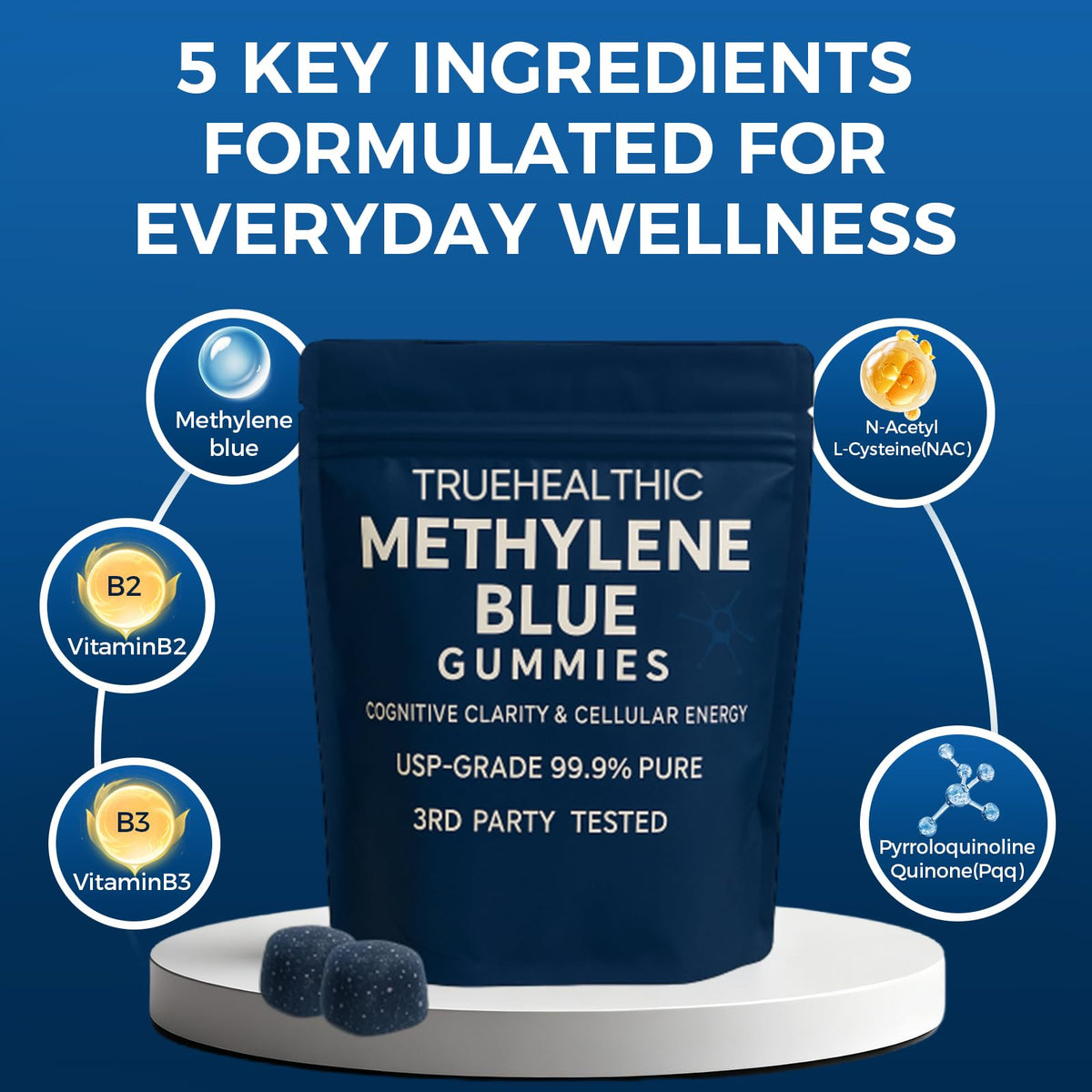 TRUEHEALTHIC Methylene Blue Gummies, for Cognitive Support & Mental Focus, Clean 5mg of Methylene Blue Per Gummy, - FENGGESTORE20