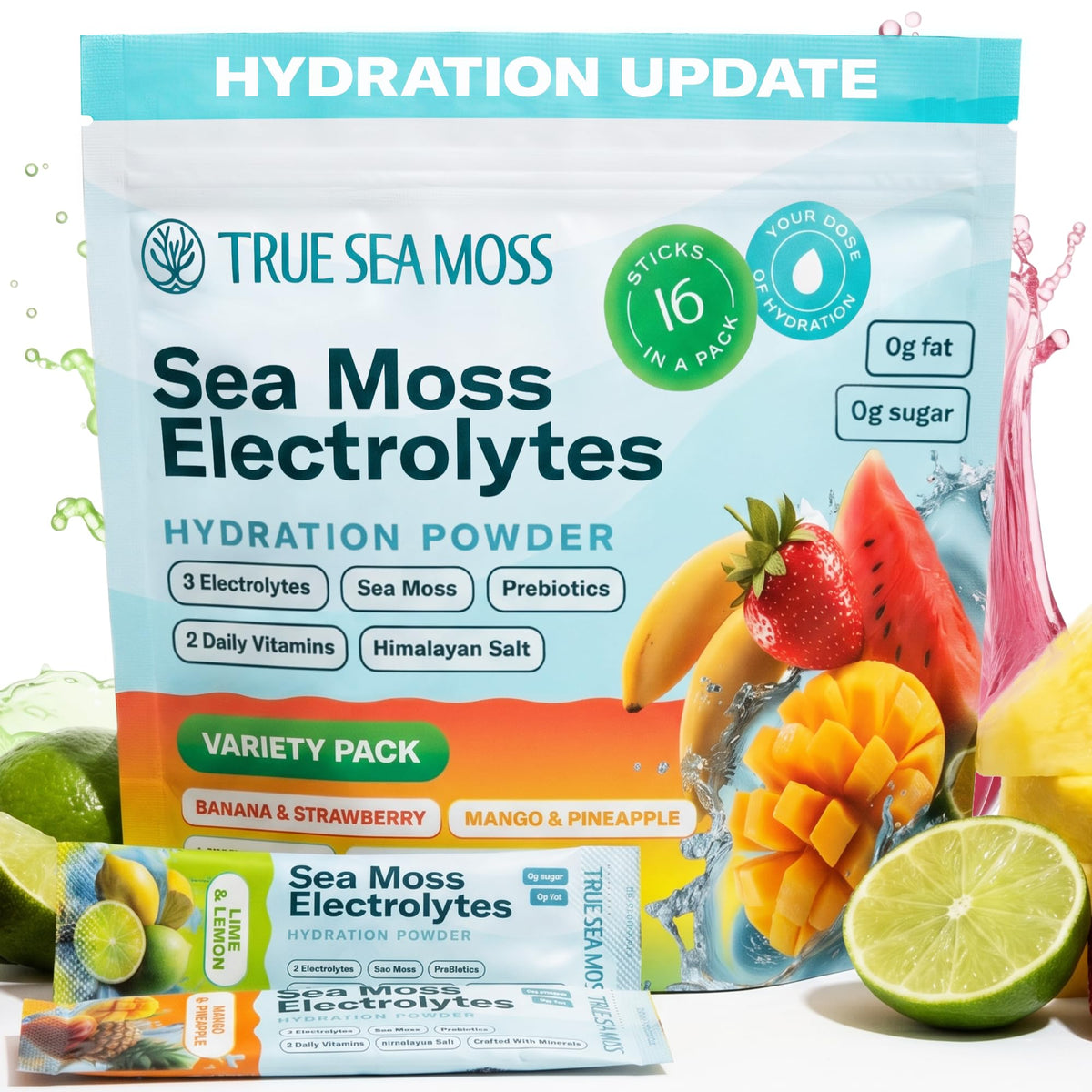 TrueSeaMoss Electrolytes Powder Packets – Made in USA – 16 Stickpacks – Hydration Powder with Sea Moss with Potassium – No Sugar Drinks – Variety Pack - FENGGESTORE20