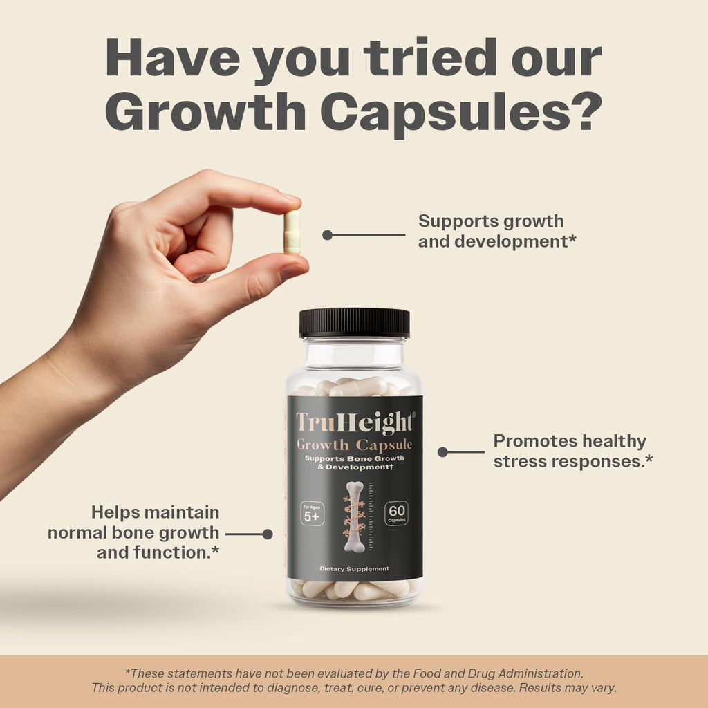 TruHeight Growth Capsules - Tall Nutrition for Natural Growth Supplement for Kids & Teens - Pediatric Vitamin D, K, Calcium & Ashwagandha - Bone Strength - FENGGESTORE20