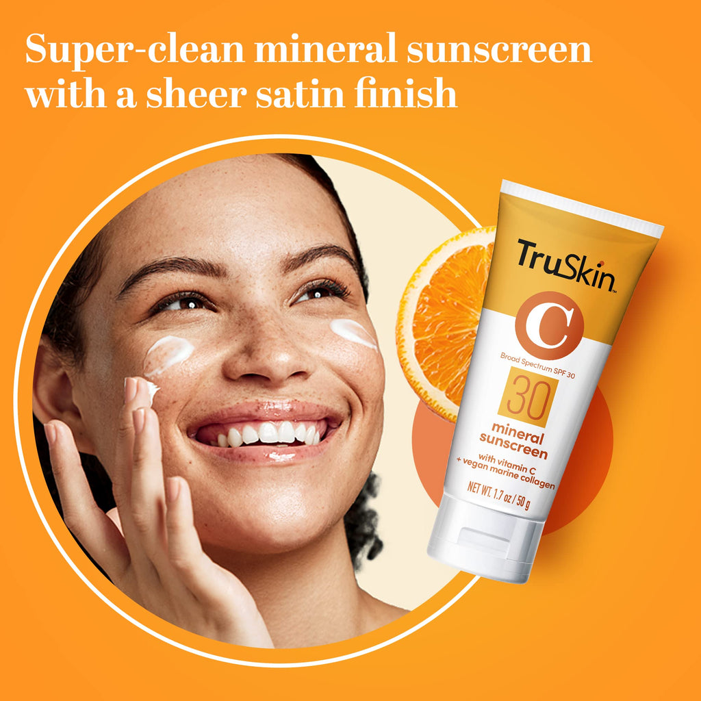 TruSkin Mineral Sunscreen SPF 30 for Face - Zinc Oxide Broad Spectrum Protection with Squalane, Vitamin C & Marine Collagen - FENGGESTORE20