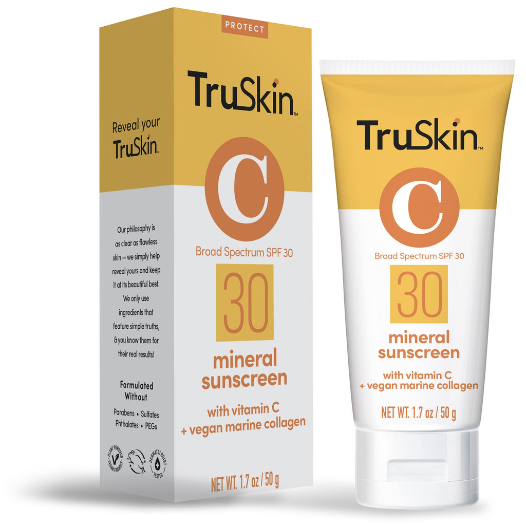 TruSkin Mineral Sunscreen SPF 30 for Face - Zinc Oxide Broad Spectrum Protection with Squalane, Vitamin C & Marine Collagen - FENGGESTORE20