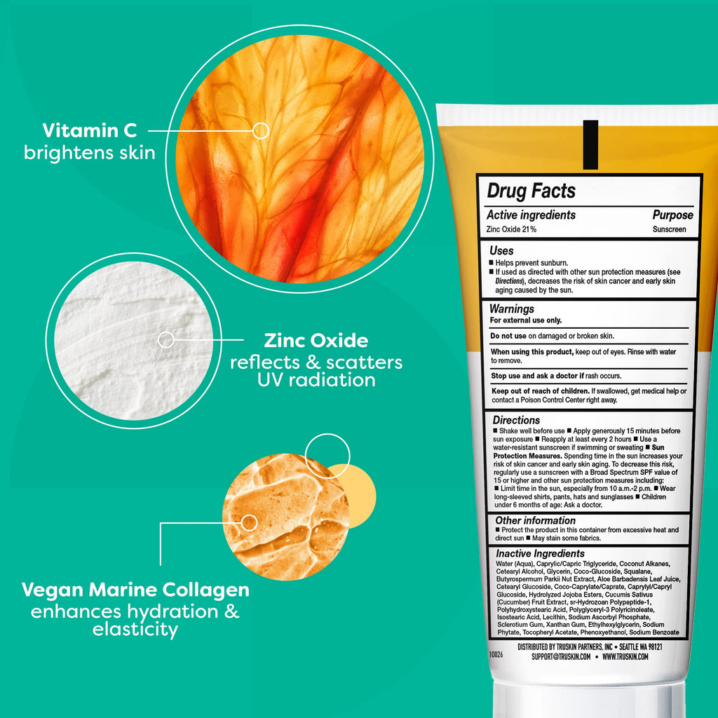 TruSkin Mineral Sunscreen SPF 30 for Face - Zinc Oxide Broad Spectrum Protection with Squalane, Vitamin C & Marine Collagen - FENGGESTORE20