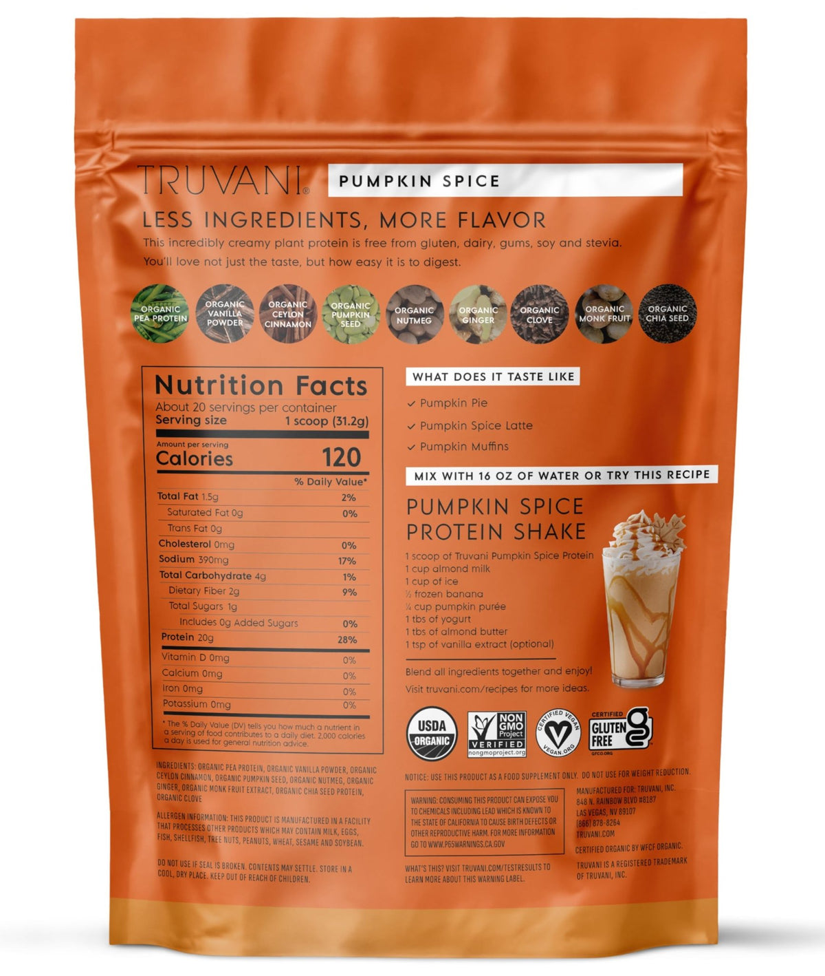 Truvani Vegan Pea Protein Powder | Pumpkin Spice | 20g Organic Plant Based Protein | 20 Servings | Keto | Gluten & Dairy Free - FENGGESTORE20