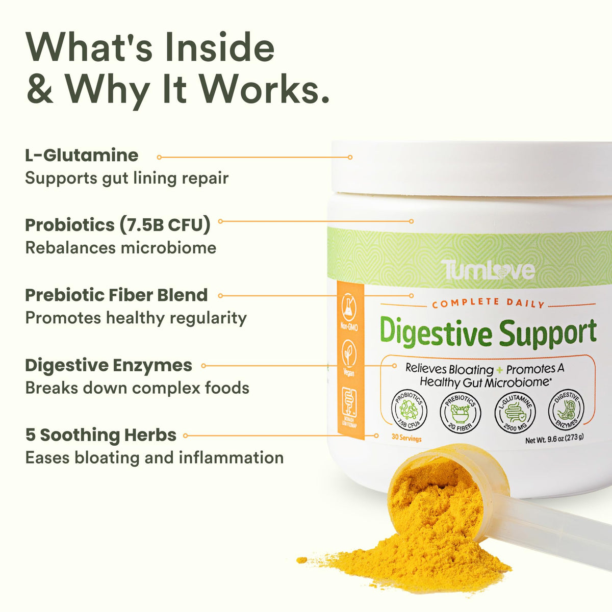 TumLove IBS Relief & Digestive Support Powder – Low FODMAP Certified, Probiotics, Prebiotics, Digestive Enzymes, L-Glutamine & 5 Soothing Herbs - FENGGESTORE20