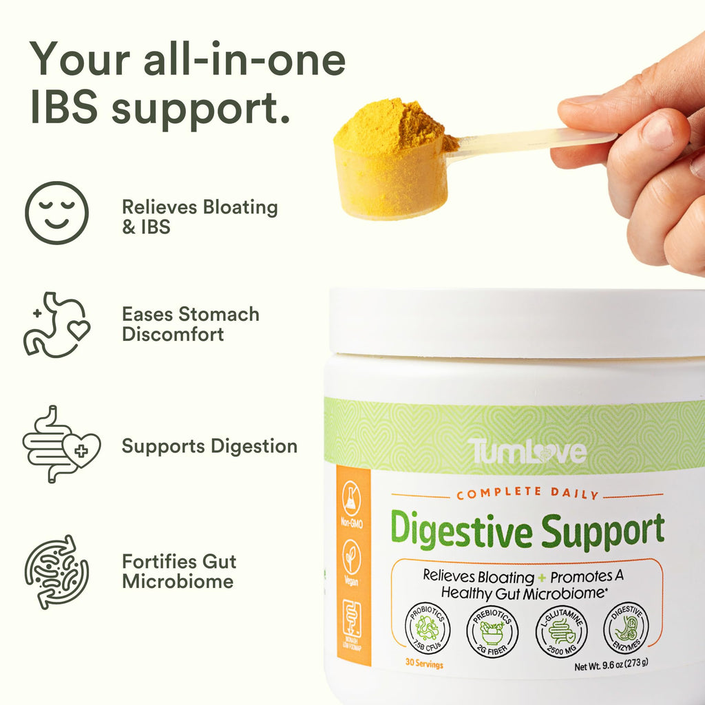 TumLove IBS Relief & Digestive Support Powder – Low FODMAP Certified, Probiotics, Prebiotics, Digestive Enzymes, L-Glutamine & 5 Soothing Herbs - FENGGESTORE20