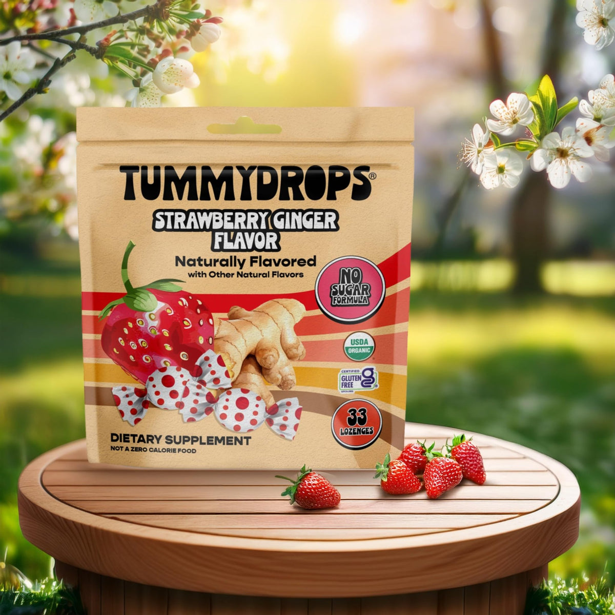 Tummydrops, No Sugar Strawberry Ginger Flavor, Gluten Free & Vegan, 33 Individually Wrapped Organic Ginger Lozenges Made with Organic Monkfruit - FENGGESTORE20