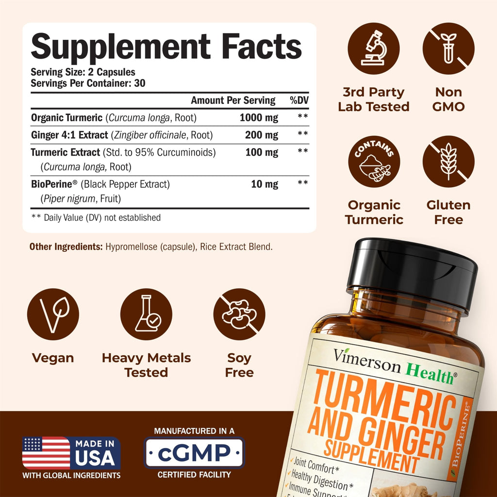 Turmeric and Ginger Supplement with Black Pepper for Joint Support, Digestive & Gut Health - Contains Organic Turmeric with Ginger Root Supplement - FENGGESTORE20