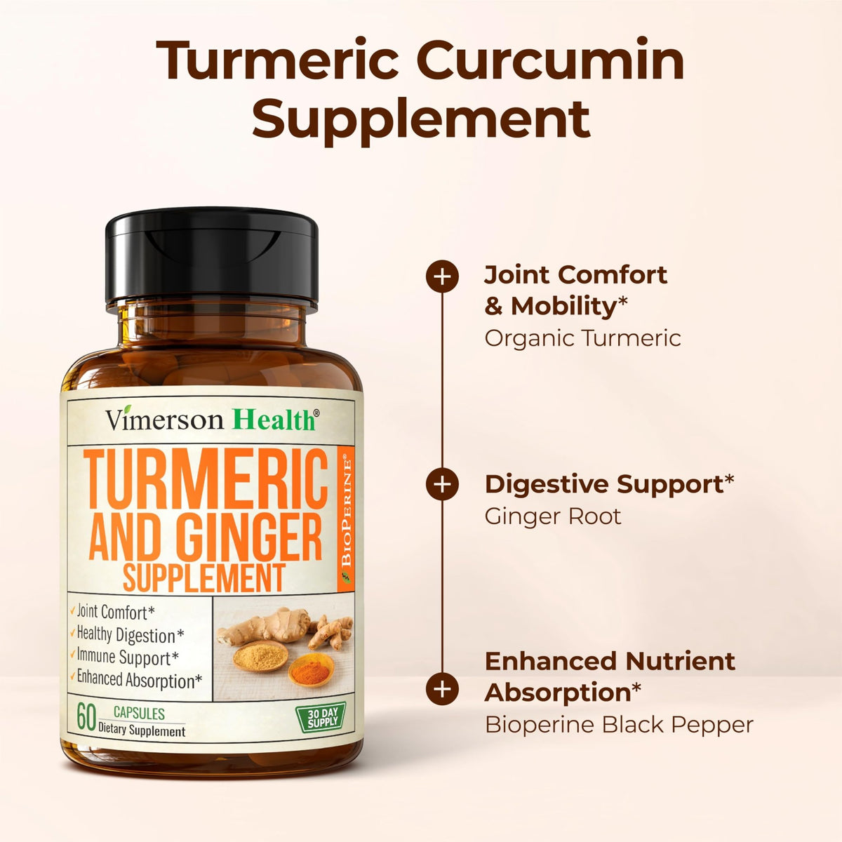 Turmeric and Ginger Supplement with Black Pepper for Joint Support, Digestive & Gut Health - Contains Organic Turmeric with Ginger Root Supplement - FENGGESTORE20