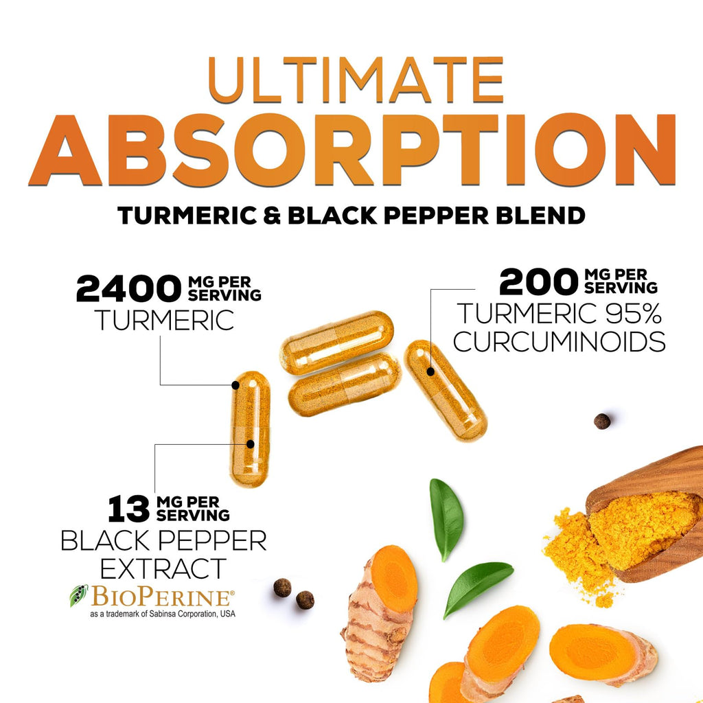Turmeric Curcumin Supplement - 2400mg Organic Turmeric Per Serving - 95% Curcuminoids & BioPerine Black Pepper Extract for Best Absorption - Natural Vegan Joint Support - FENGGESTORE20