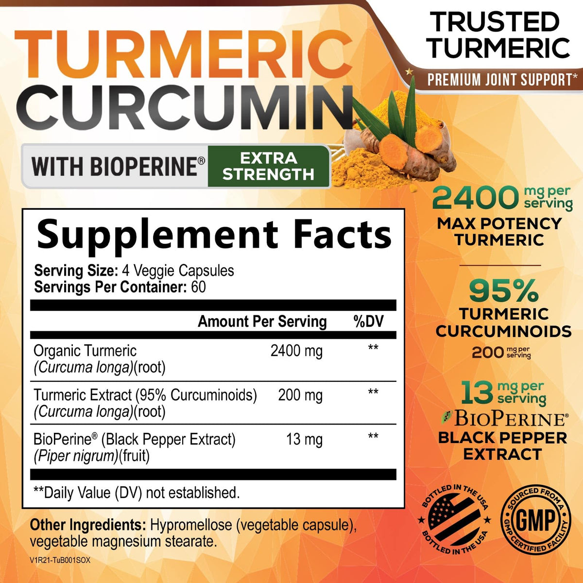 Turmeric Curcumin Supplement - 2400mg Organic Turmeric Per Serving - 95% Curcuminoids & BioPerine Black Pepper Extract for Best Absorption - Natural Vegan Joint Support - FENGGESTORE20