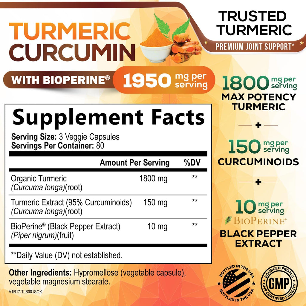 Turmeric Curcumin Supplement - 95% Curcuminoids with Organic Turmeric & BioPerine Black Pepper for Best Absorption - Daily Joint & Immune Health Support - FENGGESTORE20