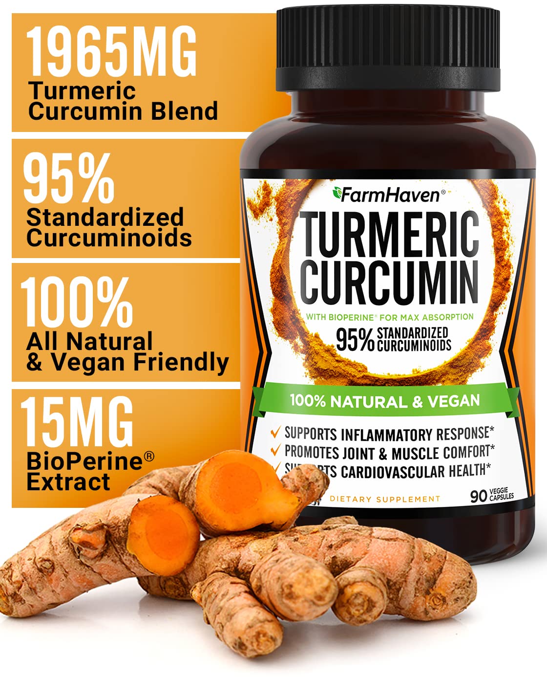 Turmeric Curcumin with BioPerine Black Pepper & 95% Curcuminoids, 1965mg, Maximum Absorption for Joint Support, Non-GMO Turmeric Capsules, - FENGGESTORE20