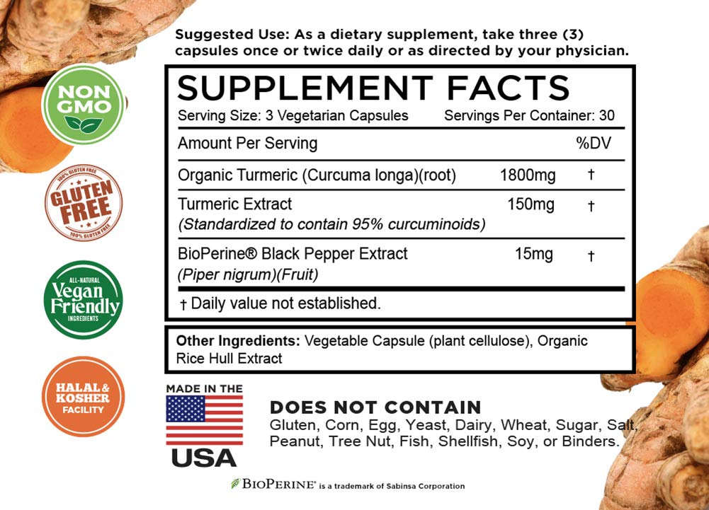 Turmeric Curcumin with BioPerine Black Pepper & 95% Curcuminoids, 1965mg, Maximum Absorption for Joint Support, Non-GMO Turmeric Capsules, - FENGGESTORE20
