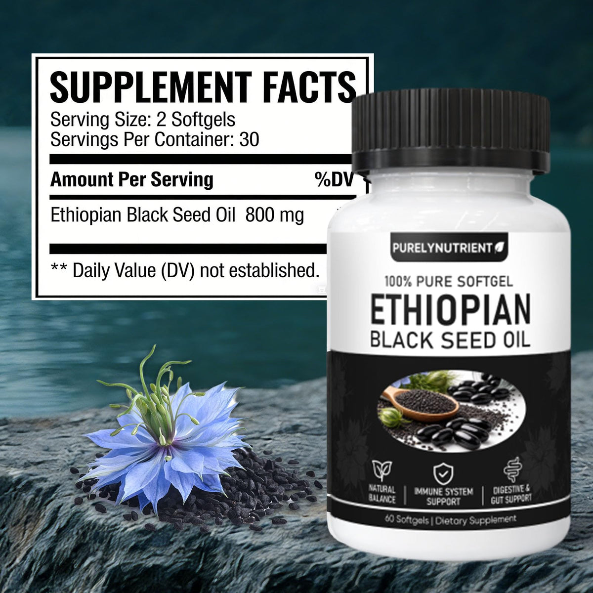 TUVAAZ PURELYNUTRIENT Ethiopian Black Seed Oil Capsules with 4.64% Thymoquinone, Immune Support & Digestion & Energy Booster - FENGGESTORE20