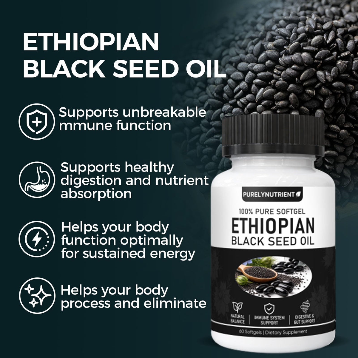 TUVAAZ PURELYNUTRIENT Ethiopian Black Seed Oil Capsules with 4.64% Thymoquinone, Immune Support & Digestion & Energy Booster - FENGGESTORE20