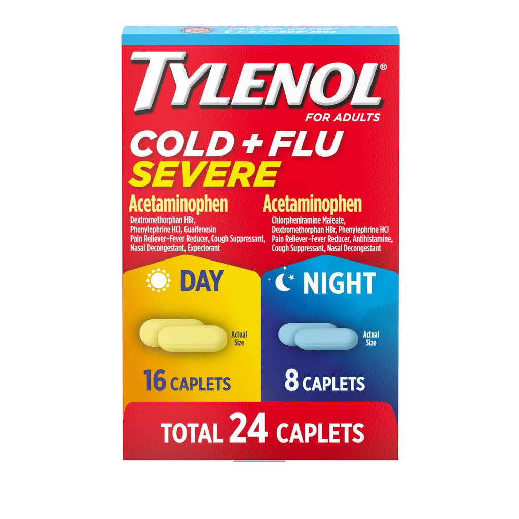 Tylenol Cold + Flu Severe Day & Night Caplets Combo Pack for Multi-Symptom Cold & Flu Symptom Relief, Cough, Sore Throat, and Headache Relief, Acetaminophen Pain Reliever, 24 ct - FENGGESTORE20