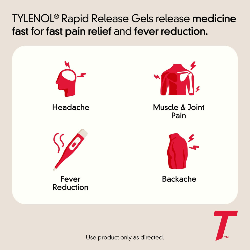 Tylenol Extra Strength Acetaminophen Rapid Release Gels, Fast, Strong Pain Relief, Fever Reducer, 500 mg Gelcaps with Laser‑Drilled Holes for Fast Release, OTC Medicine, 100 Count - FENGGESTORE20