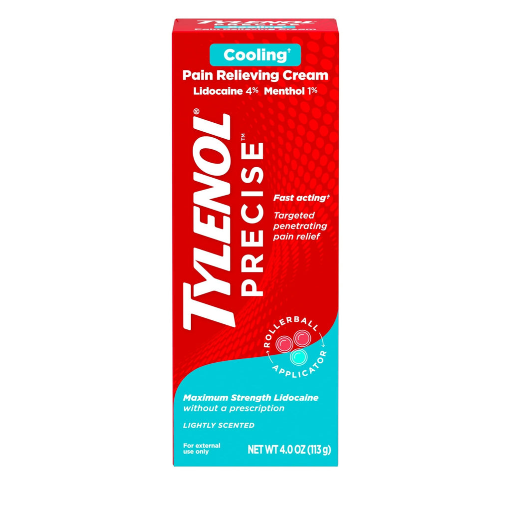 Tylenol Precise Cream, Cooling Sensation Pain Relief, Roll‑On, Lidocaine 4%, Menthol 1%, Targeted Maximum OTC Strength Combination for Back, Muscle and Joint, Numbing Cream Rollerball Applicator, 4 oz - FENGGESTORE20