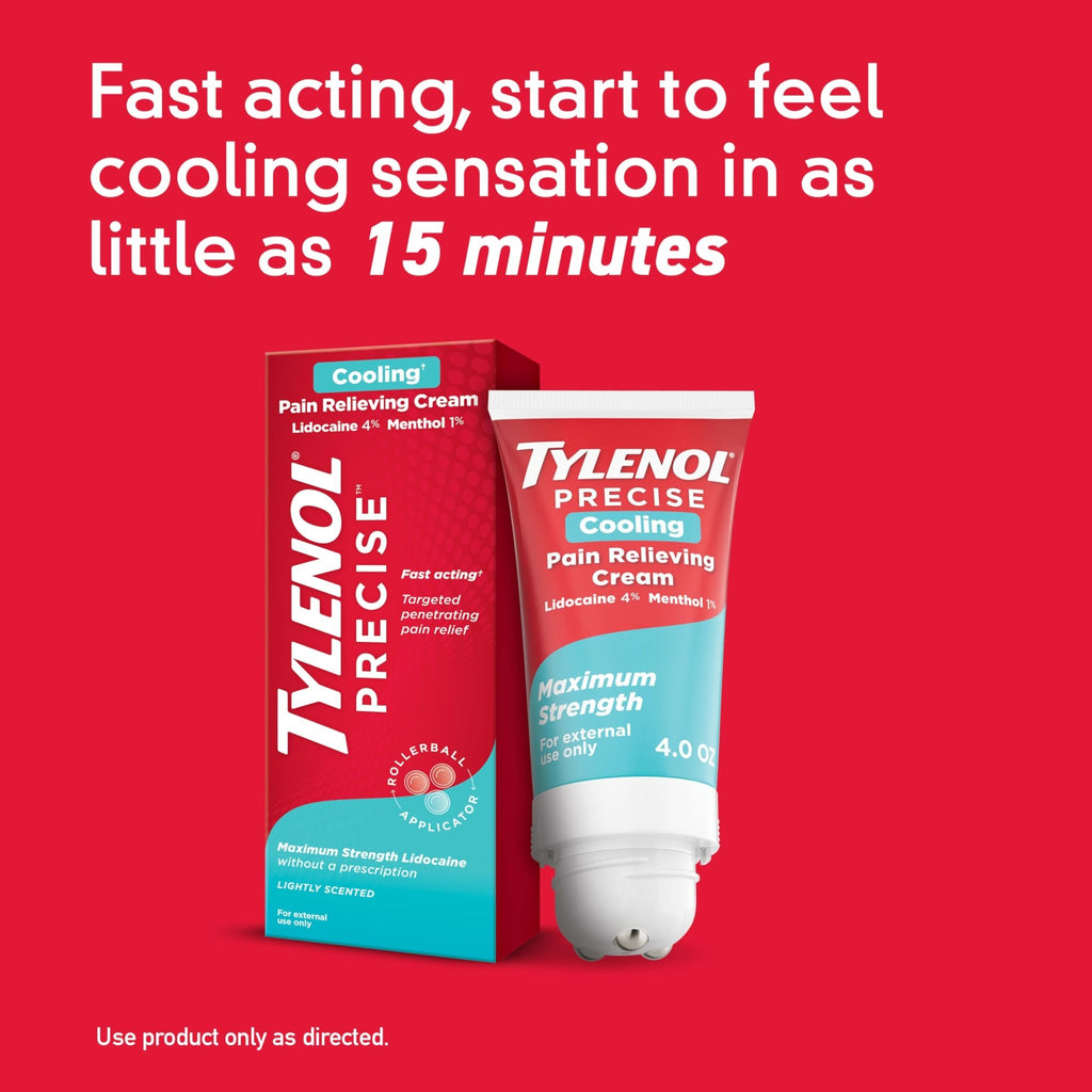 Tylenol Precise Cream, Cooling Sensation Pain Relief, Roll‑On, Lidocaine 4%, Menthol 1%, Targeted Maximum OTC Strength Combination for Back, Muscle and Joint, Numbing Cream Rollerball Applicator, 4 oz - FENGGESTORE20