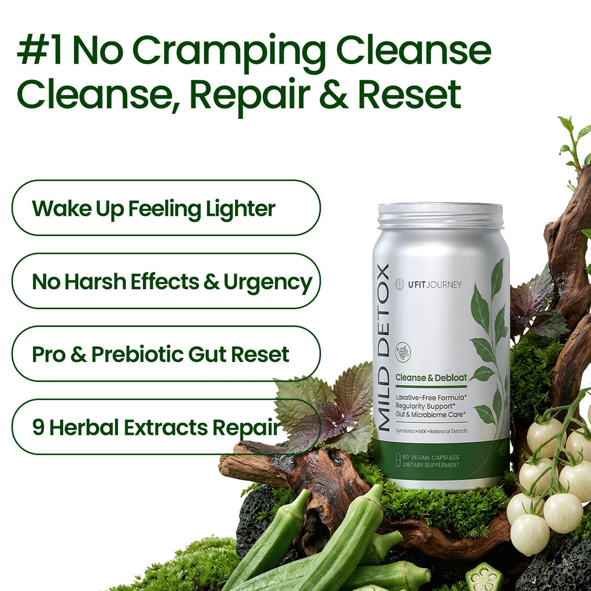 U+FITJOURNEY Mild Detox 12-in-1 Senna-Free Gut & Colon Cleanse - Non-Stimulant Overnight Constipation Relief & Debloat for Women & Men with Prebiotic - FENGGESTORE20