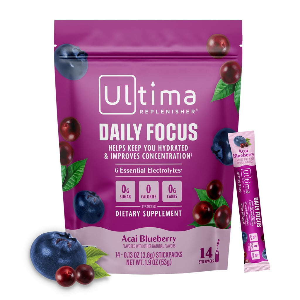 Ultima Replenisher Daily Focus Supplement & Electrolytes Powder - Acai Blueberry, 14 Stickpacks - Hydration Packets, 60mg Caffeine from Green Tea Extract & L-Theanine - FENGGESTORE20