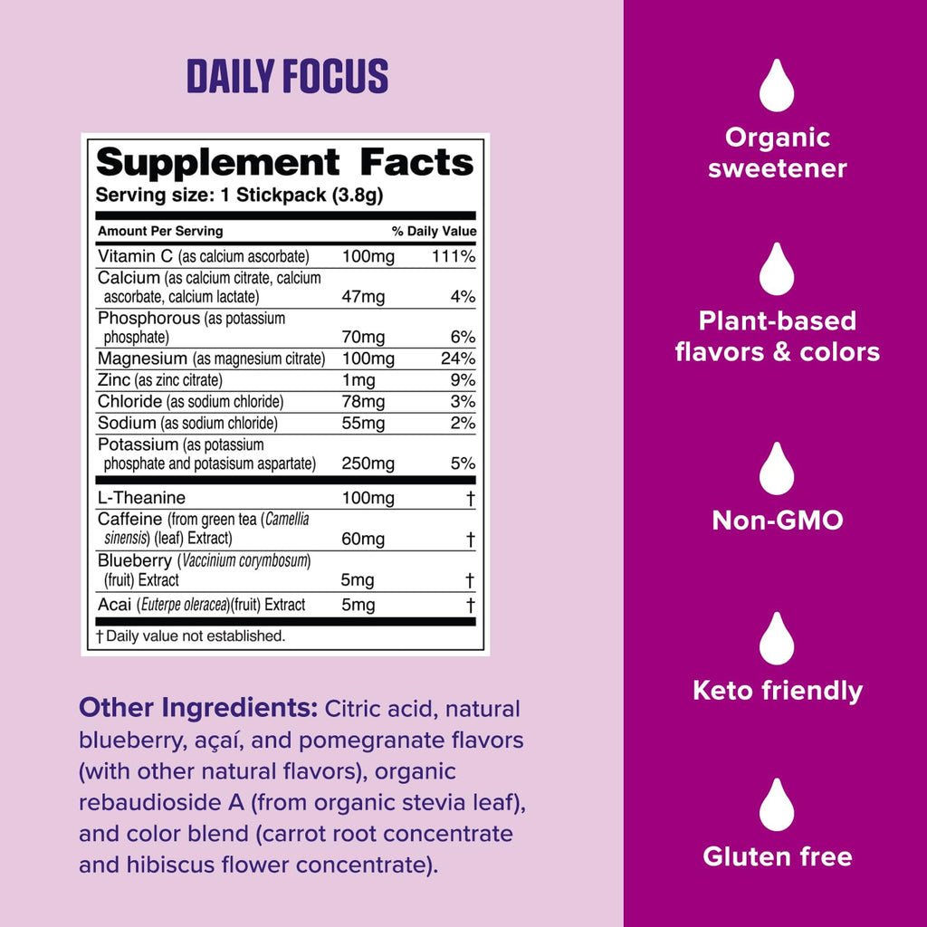 Ultima Replenisher Daily Focus Supplement & Electrolytes Powder - Acai Blueberry, 14 Stickpacks - Hydration Packets, 60mg Caffeine from Green Tea Extract & L-Theanine - FENGGESTORE20